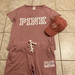 Pink vintage tee with matching lace up pants and hat